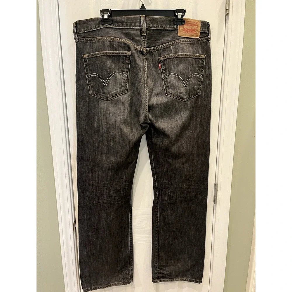 Levis 501 Jeans Button Fly 39x32 Black Wash Faded‎ Black Batwing Irregular 36x30